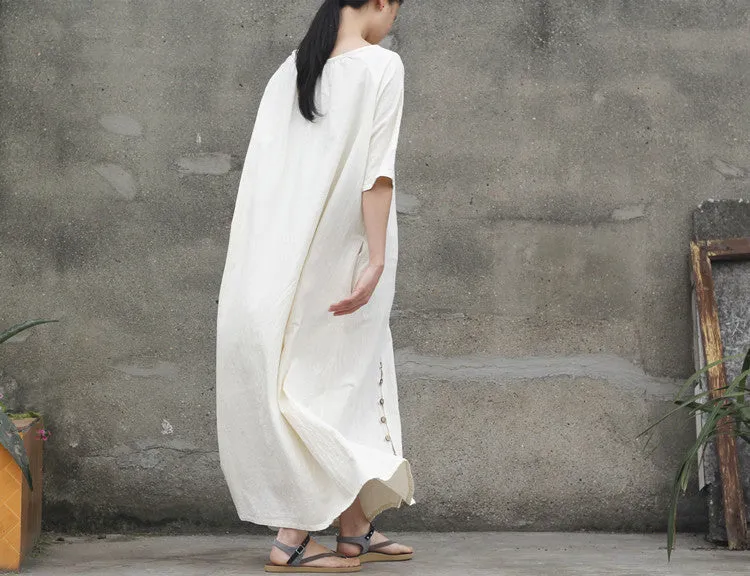 2 colors linen and cotton loose fitting maxi dress,white dress,wedding dress,long sleeve robe,retro gown in coffee