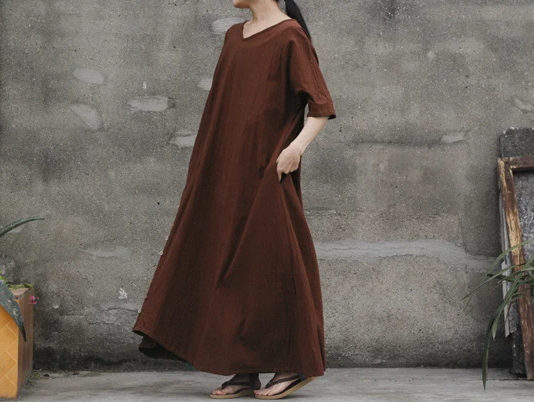 2 colors linen and cotton loose fitting maxi dress,white dress,wedding dress,long sleeve robe,retro gown in coffee