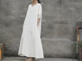 2 colors linen and cotton loose fitting maxi dress,white dress,wedding dress,long sleeve robe,retro gown in coffee