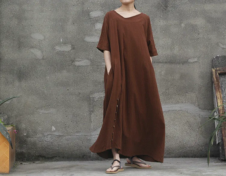 2 colors linen and cotton loose fitting maxi dress,white dress,wedding dress,long sleeve robe,retro gown in coffee