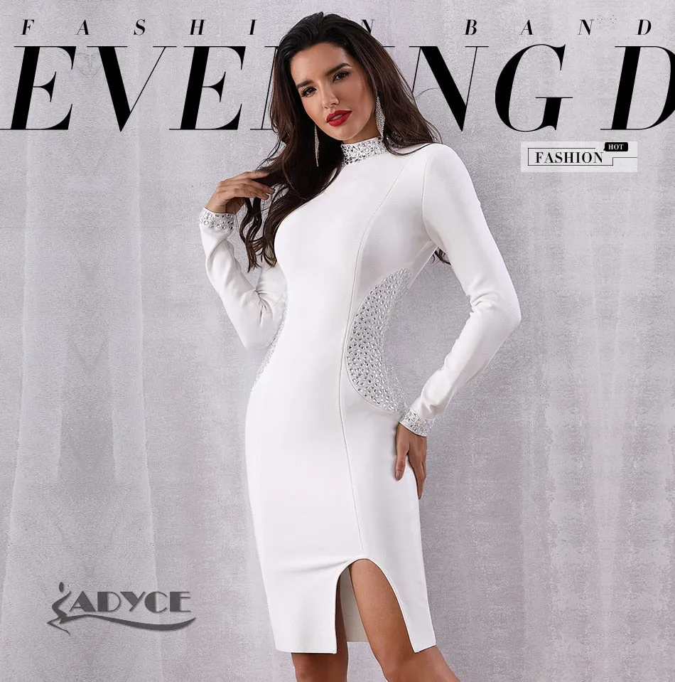 ADYCE Vestidos White Long Sleeve Diamonds Midi Bodycon Bandage Party Dress - H5419