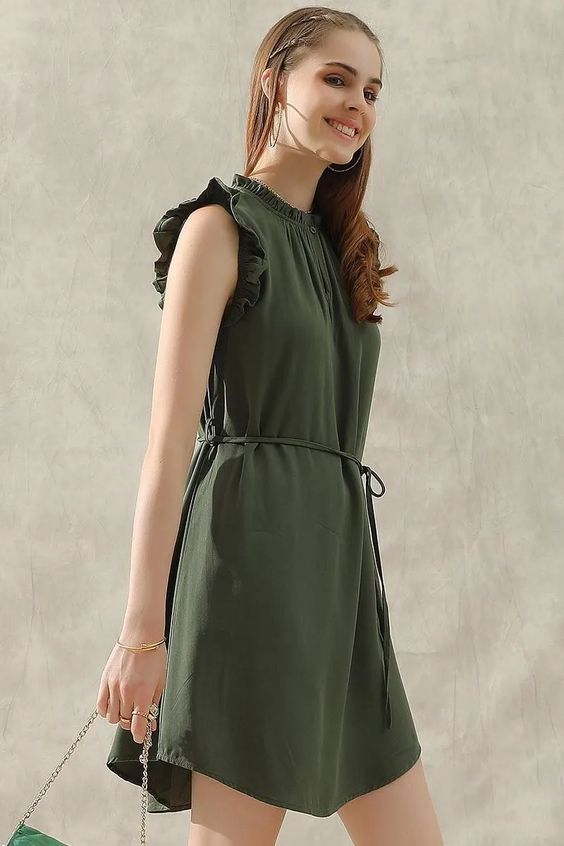 ANGEL WING SLEEVE WRINKLED NECK STRING WAIST DRESS