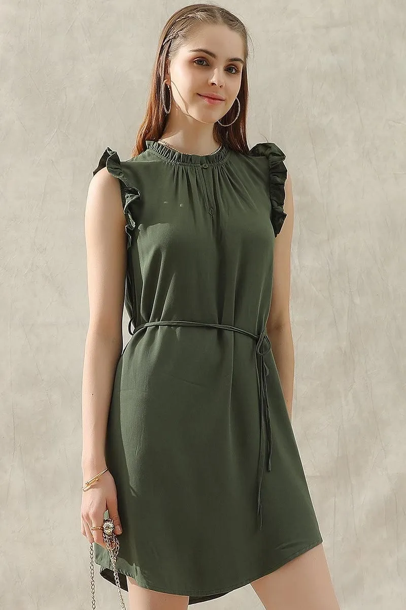 ANGEL WING SLEEVE WRINKLED NECK STRING WAIST DRESS