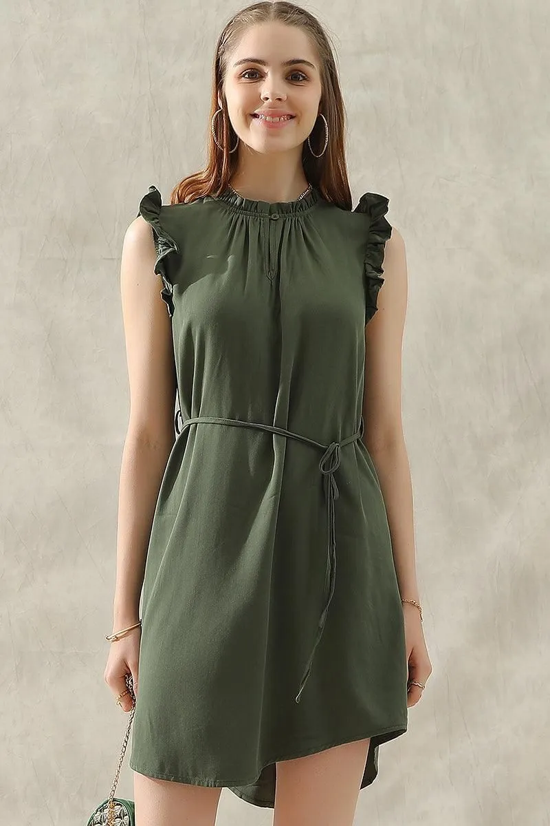 ANGEL WING SLEEVE WRINKLED NECK STRING WAIST DRESS