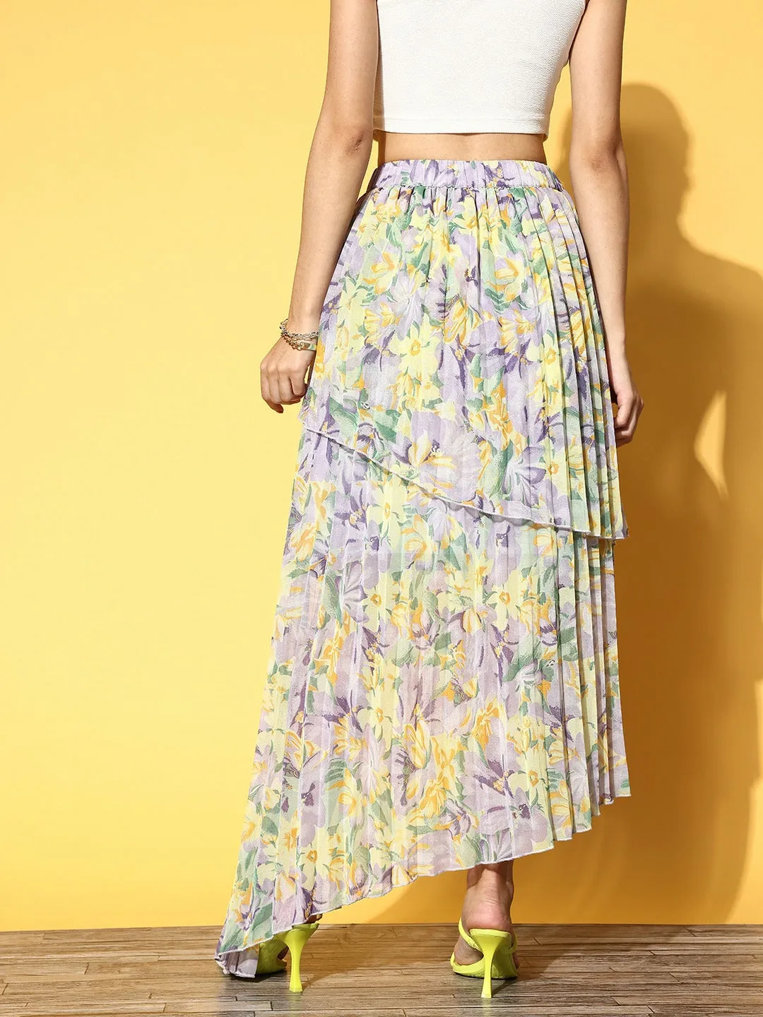 Berrylush Women Purple & Yellow Floral Printed Slip-On Elastic Waist Georgette Pleated Maxi Skirt