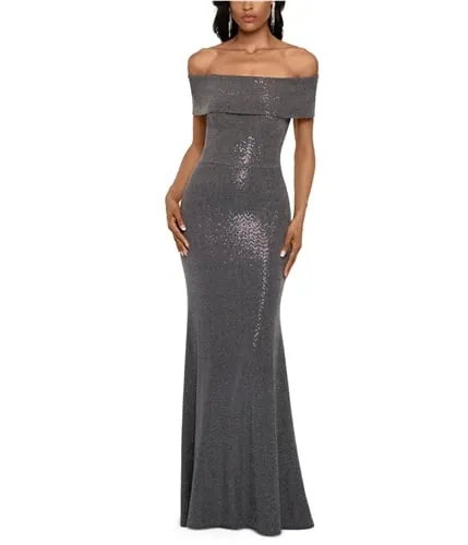 Betsy & Adam Womens Sparkle Gown Off-Shoulder Dress