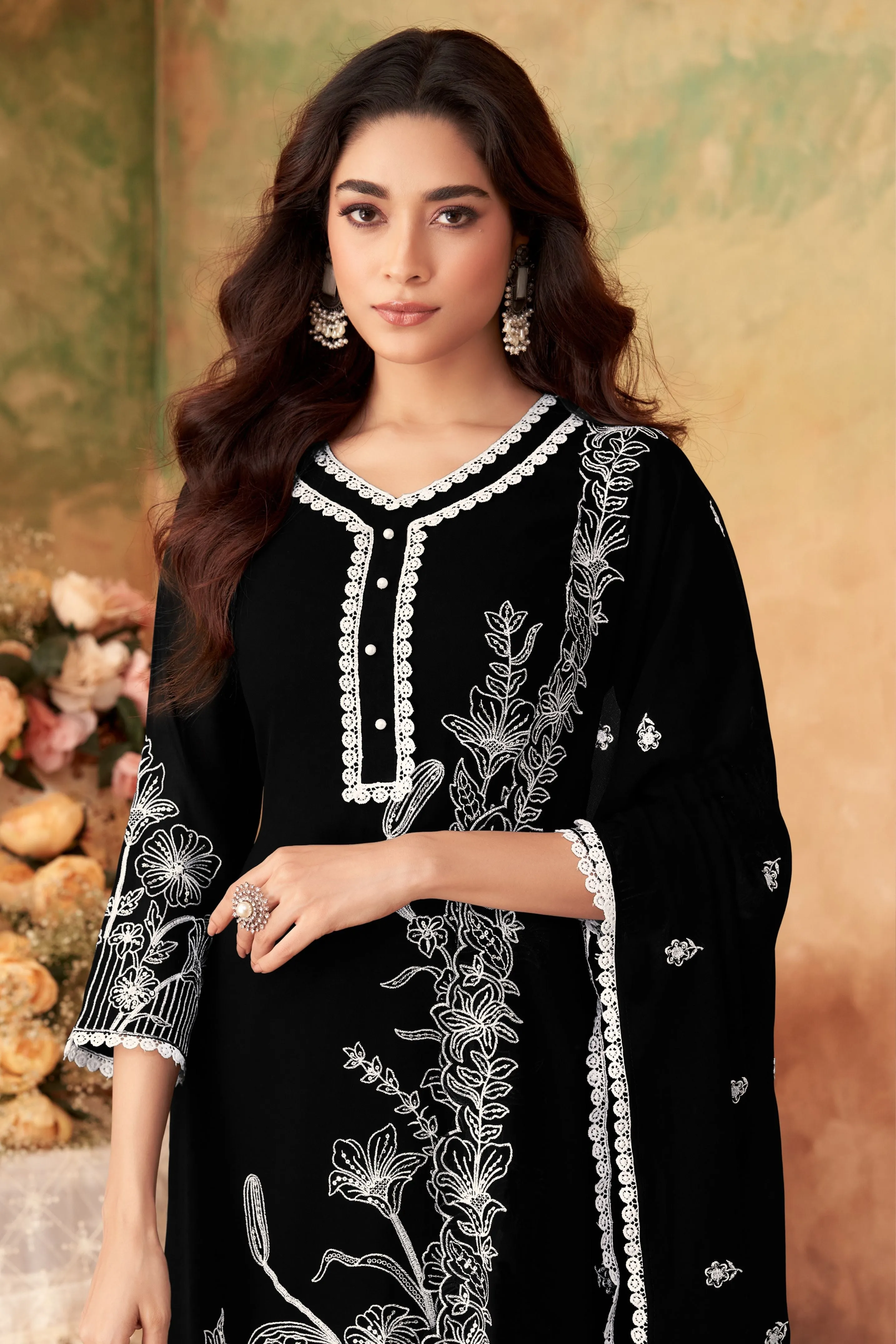 Black Embroidered Crystal Georgette Silk Pants Set