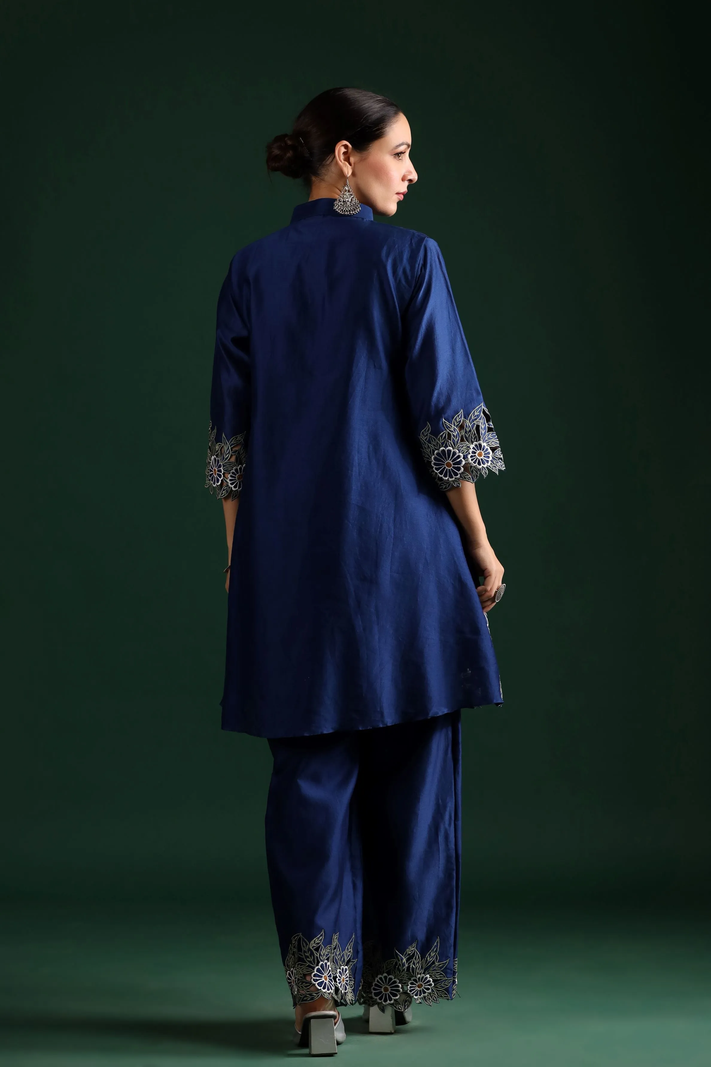 Blue Cut Work Chanderi Silk Pants Set