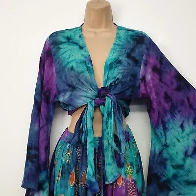 Bohemian Blue & Purple Tie Dye 2 Piece Crop Top & Maxi Skirt Set