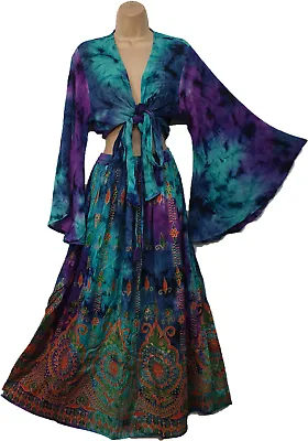 Bohemian Blue & Purple Tie Dye 2 Piece Crop Top & Maxi Skirt Set