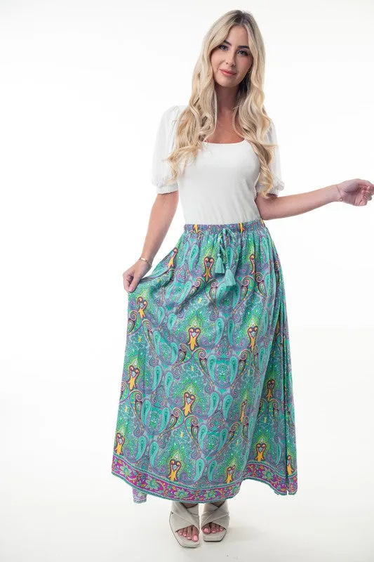 Bohemian Printed Elastic Waist Band Maxi Skirt with Tassels in Mint and Teal Boho Combo by White Birch