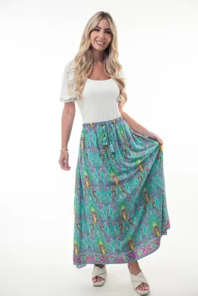 Bohemian Printed Elastic Waist Band Maxi Skirt with Tassels in Mint and Teal Boho Combo by White Birch