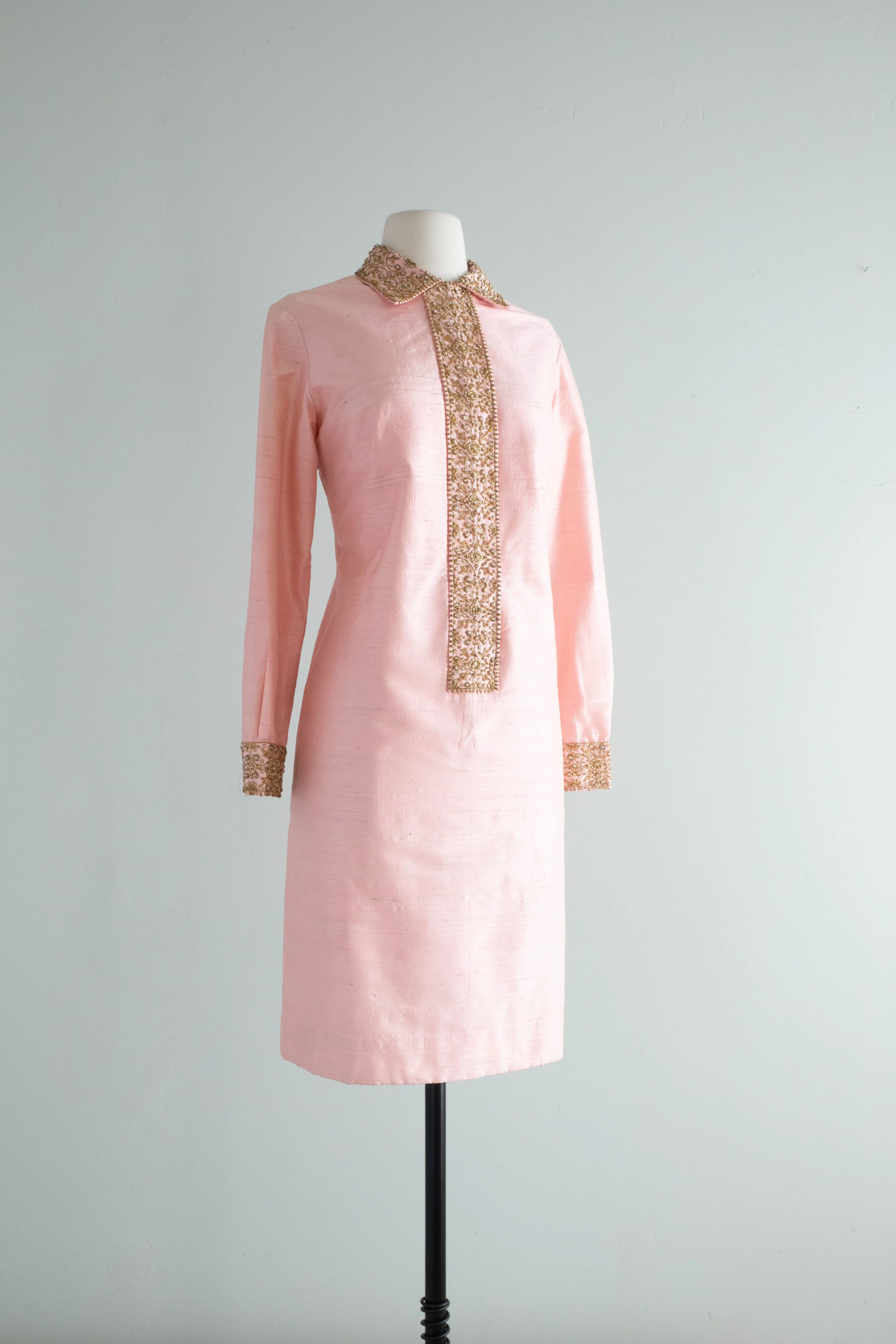 Chic 1960's Indian Silk Beaded Shift Dress In Pink / ML