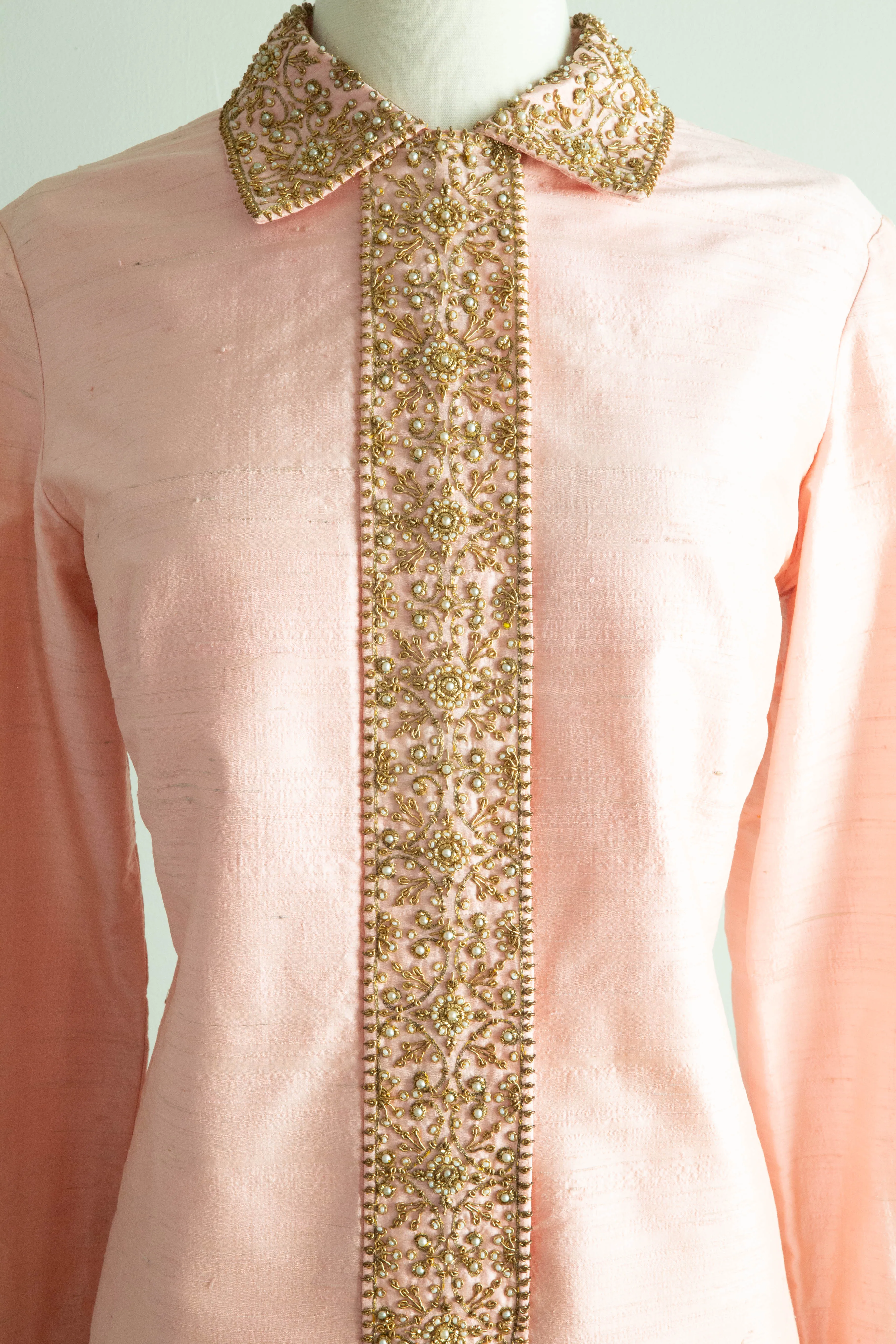 Chic 1960's Indian Silk Beaded Shift Dress In Pink / ML