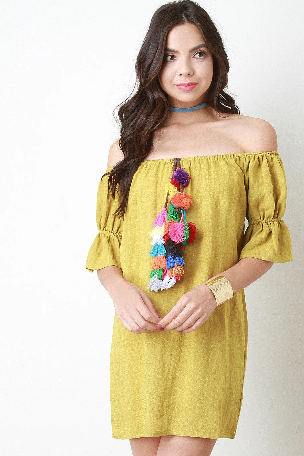 Colorful Tassel Ruched Sleeve Bardot Dress