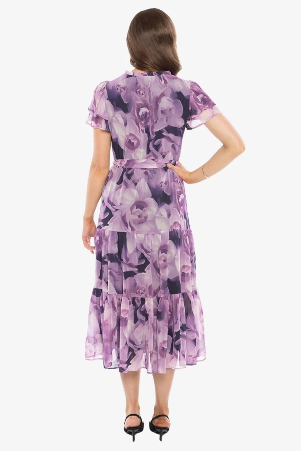 Cruise Purple Poppies SS Frill Sleeve Maxi