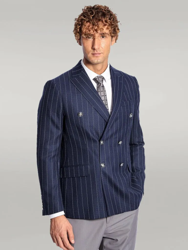 Double Breasted Slim Fit Striped Navy Blue Men Blazer - Wessi