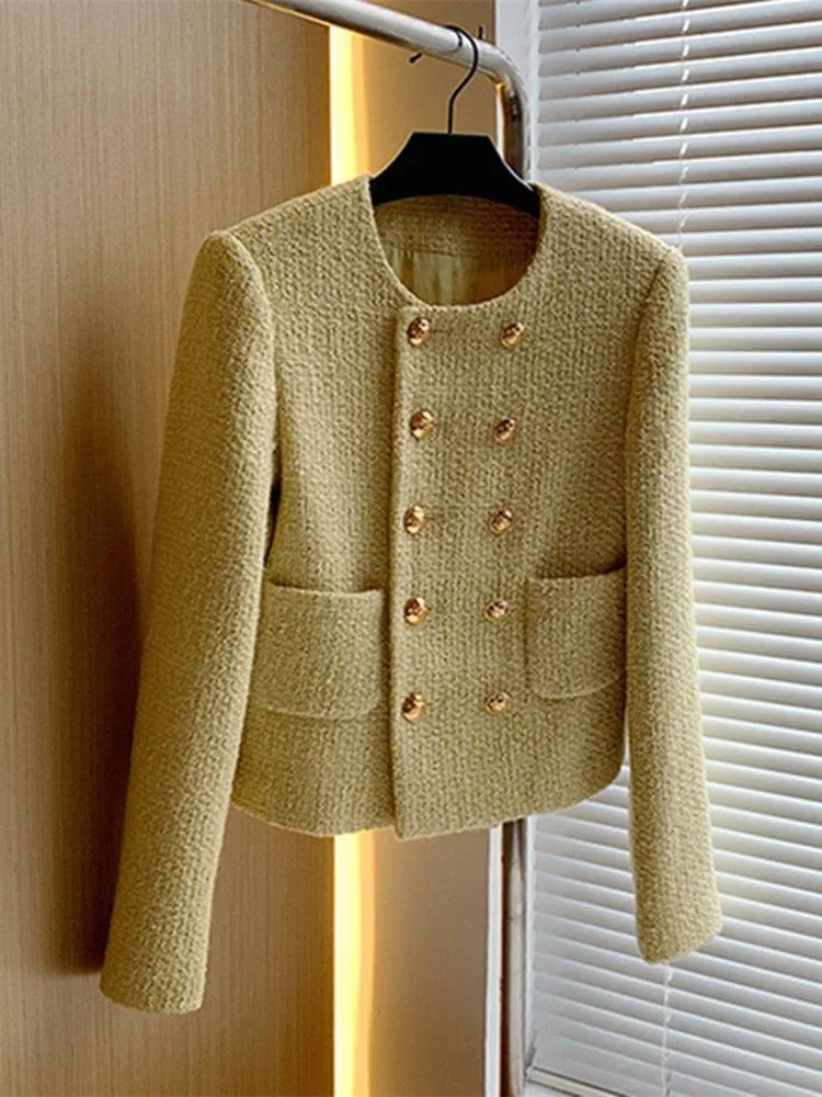 Double Breasted Women Cropped Tweed Jacket