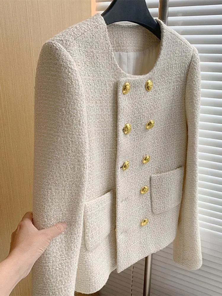 Double Breasted Women Cropped Tweed Jacket