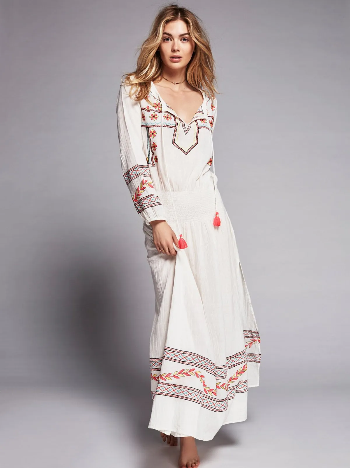 Embroidered Boho Maxi Dress "Mystical" White With Colorful Embroidery Bohemian Tassel Ties XS Small Medium Large Or Extra Large XL