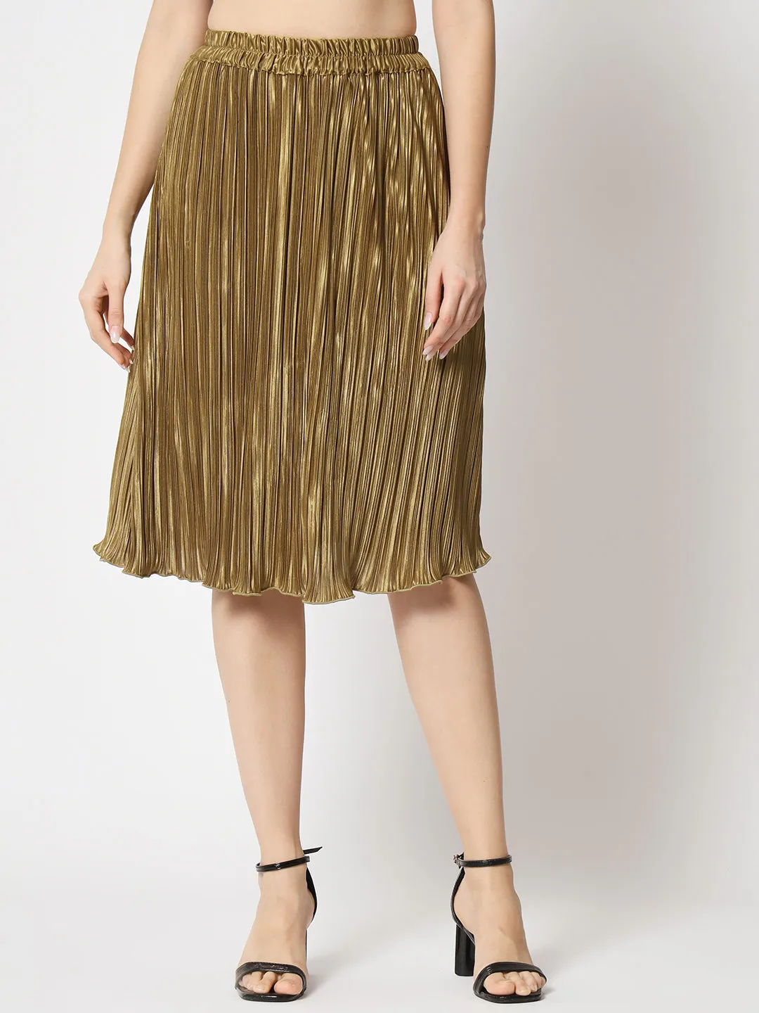 Flared Knee-Length Pleated Satin Skirt