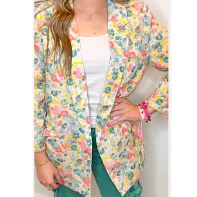 Floral Print Double Breasted Tweed Blazer