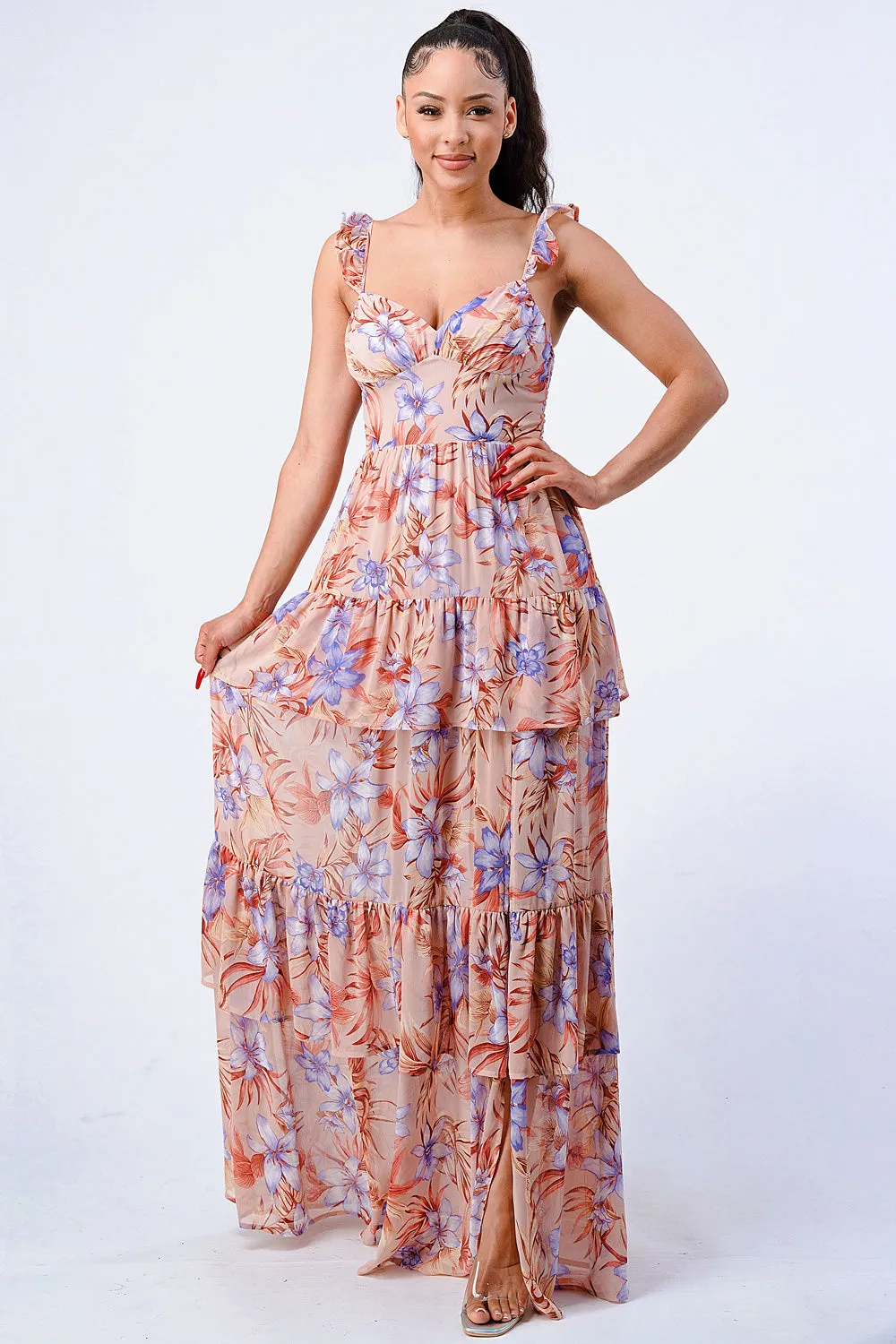 FLORAL SMOCKED CHIFFON RUFFLED MAXI DRESS