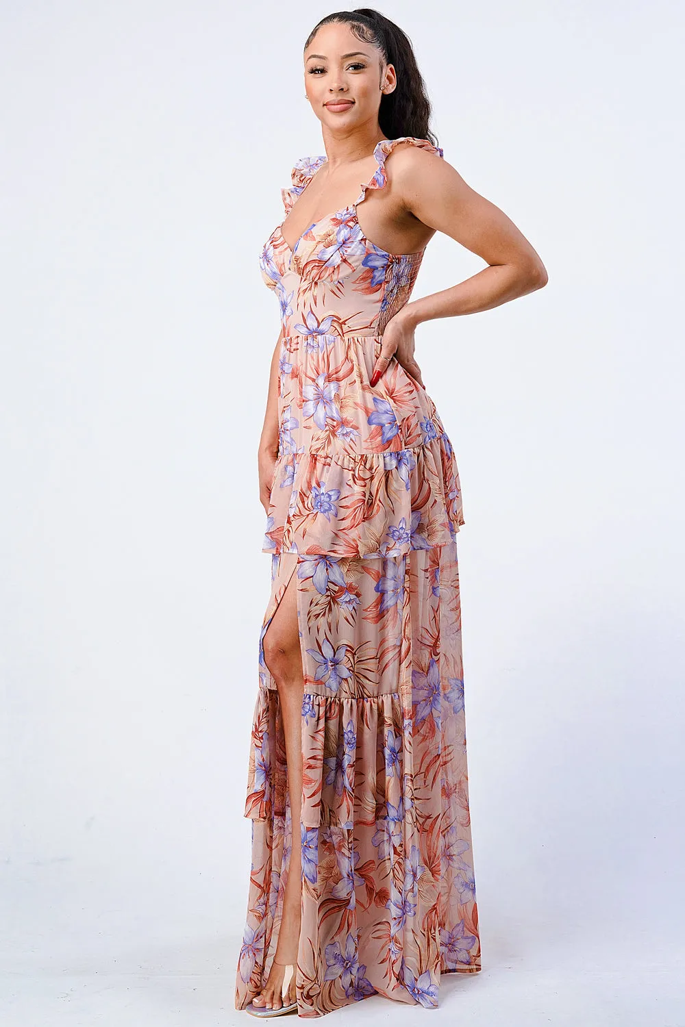 FLORAL SMOCKED CHIFFON RUFFLED MAXI DRESS