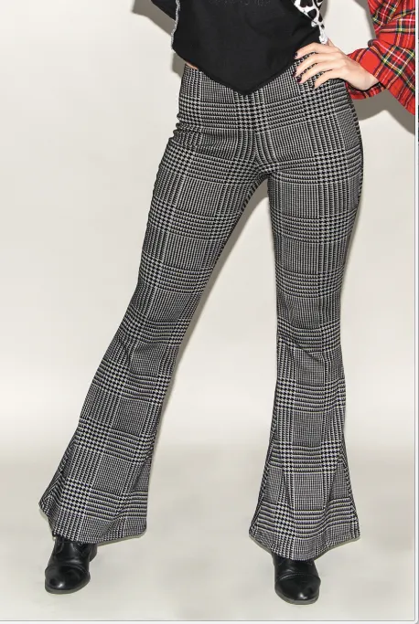 FSLA "Mod Revival" High Waisted Plaid Houndstooth Flared Bellbottoms