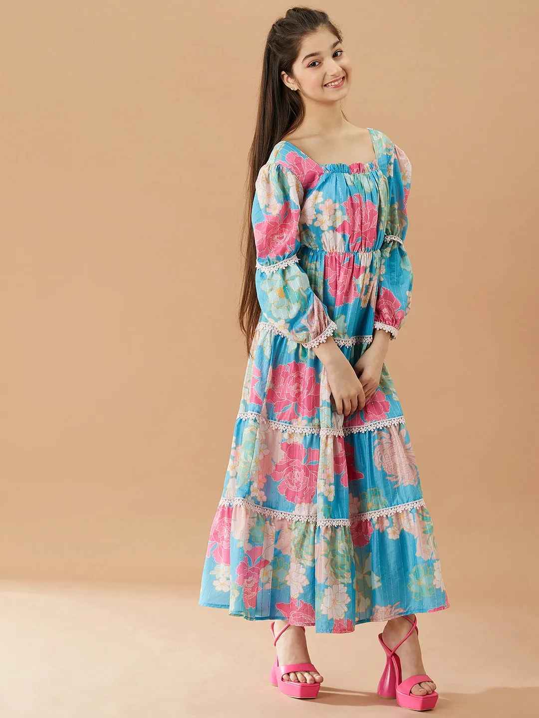 Girls Floral Printed Fit And Flare Tiered Cotton Maxi Dress - Ps Peaches