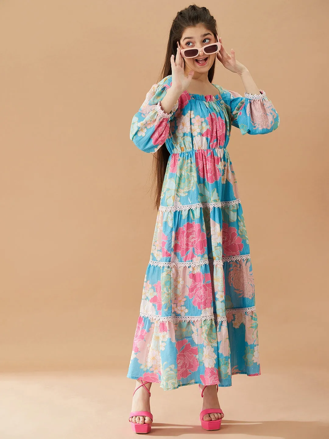 Girls Floral Printed Fit And Flare Tiered Cotton Maxi Dress - Ps Peaches