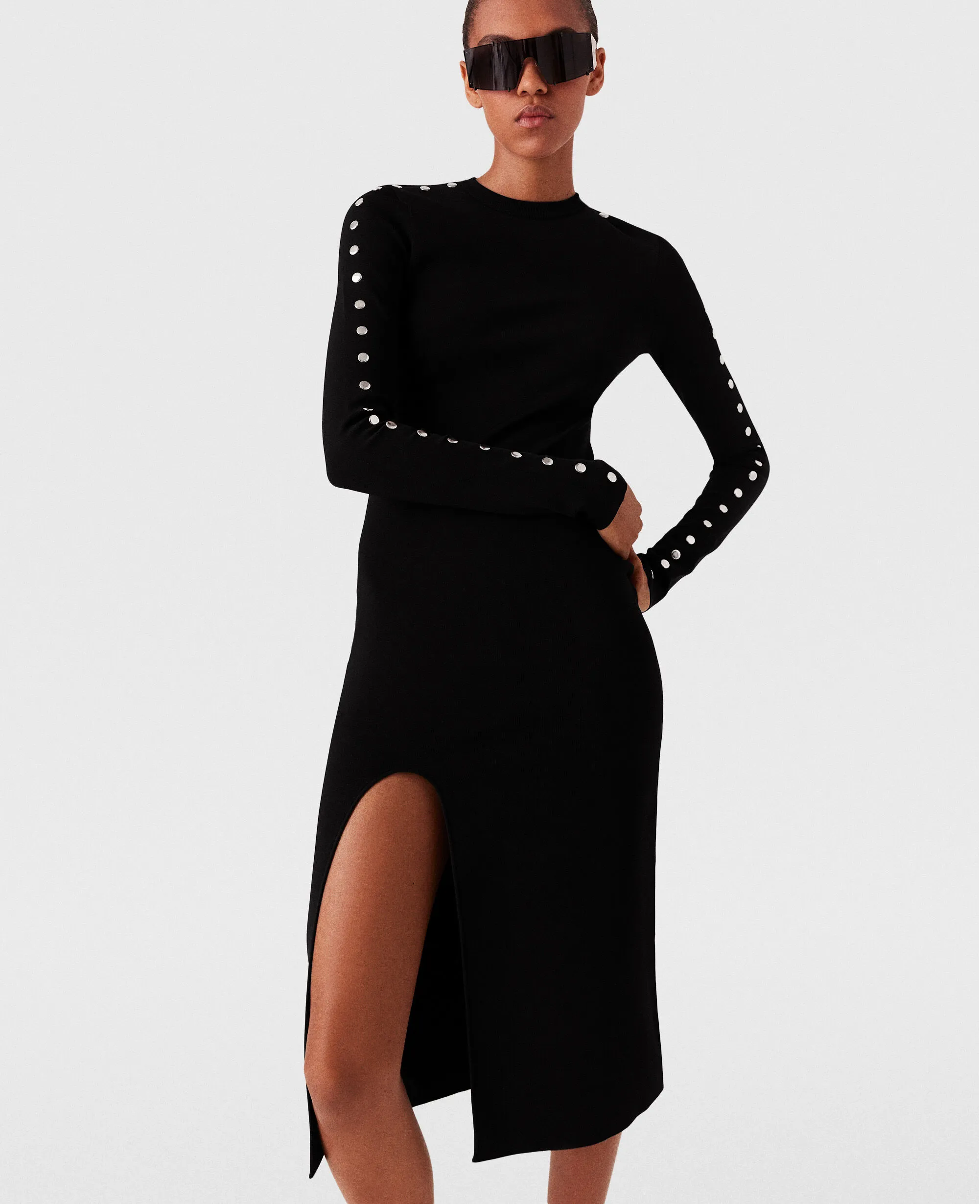 Long-Sleeve Leg Slit Midi Dress