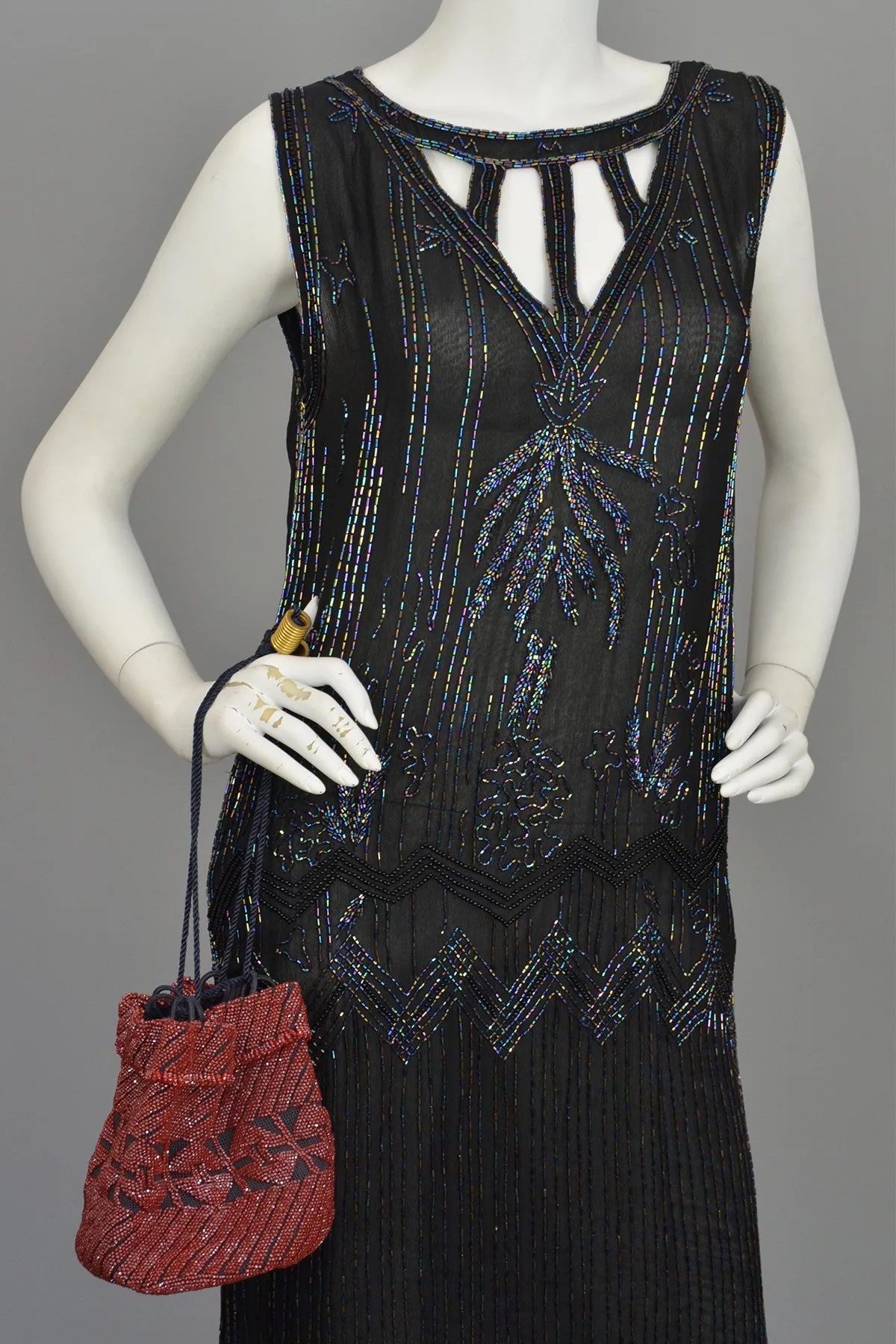 Modern does 20s Black Beaded Keyhole Neckline Deco Dress Flapper Style Dress