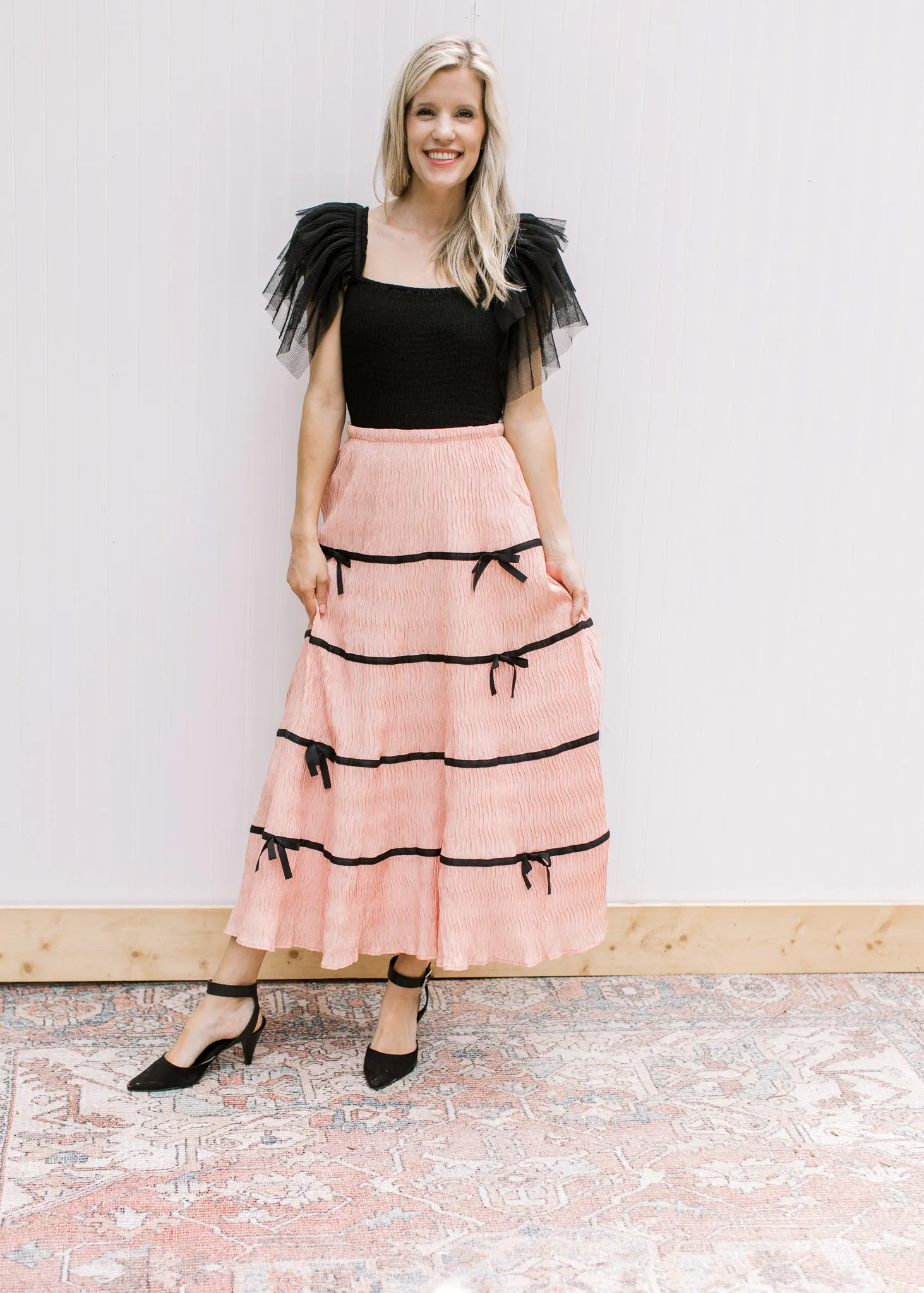 Peach Plisse Bow Detail Maxi Skirt