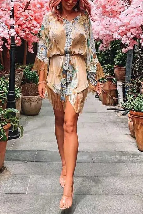 Print Tassels Flares Sleeve Mini Dress