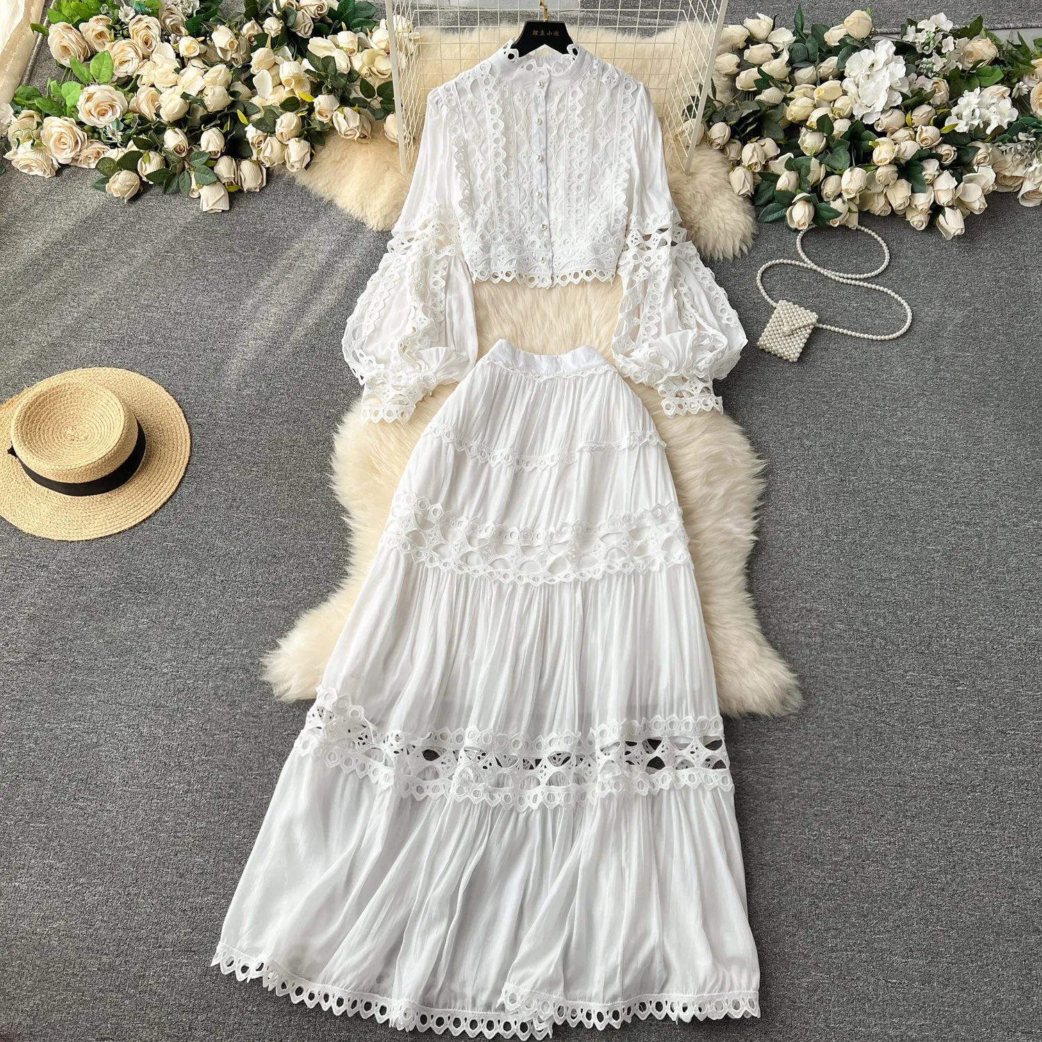 Romantic White Boho Bell Sleeve Top & Maxi Skirt Set