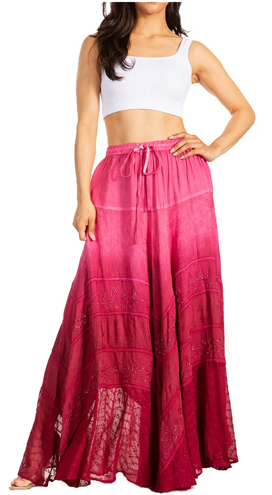 Sakkas Lyra Womens Bohemian Soft Brocade Rayon Tiered Embroidered Flowy Long Skirt