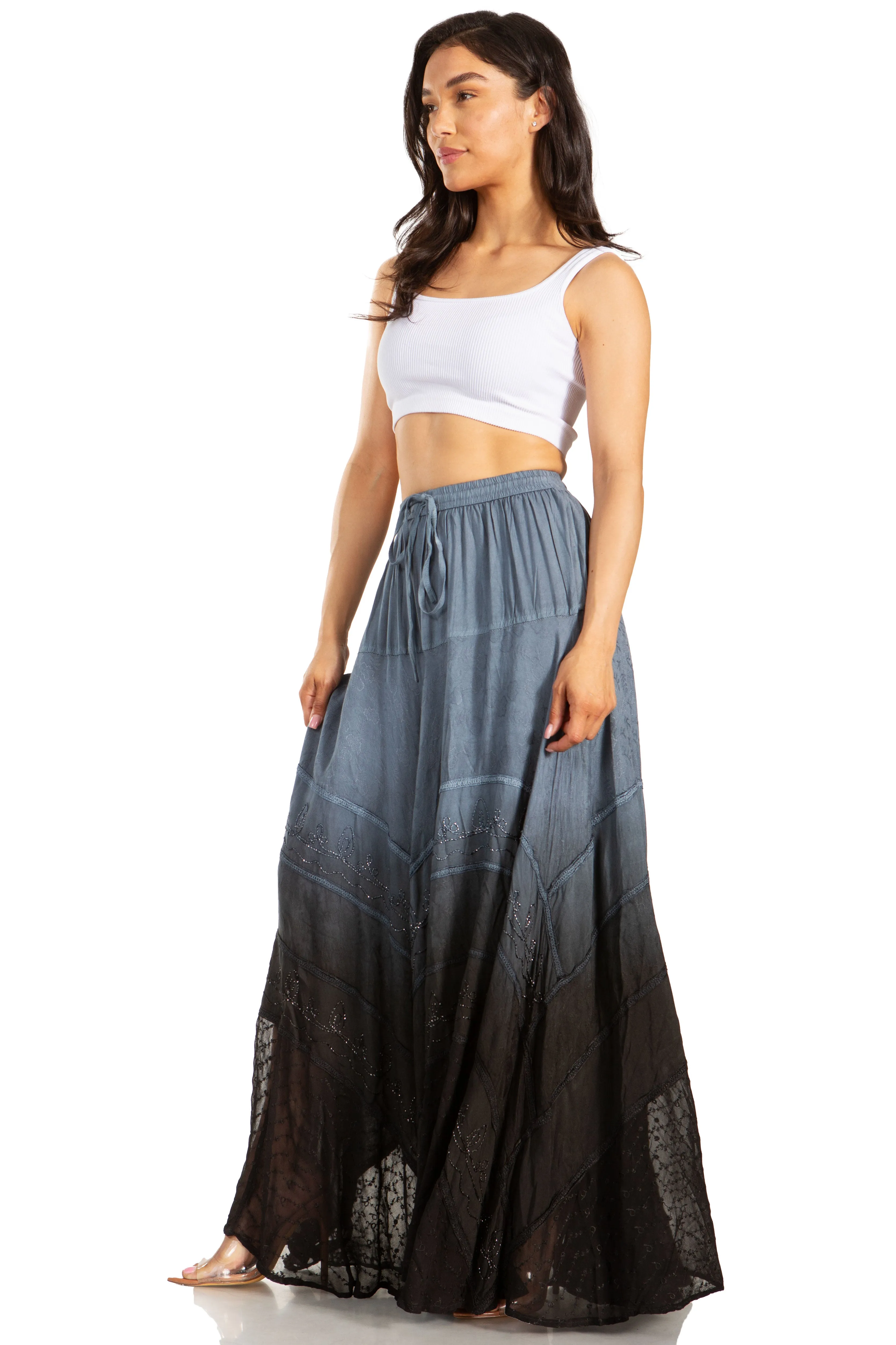 Sakkas Lyra Womens Bohemian Soft Brocade Rayon Tiered Embroidered Flowy Long Skirt