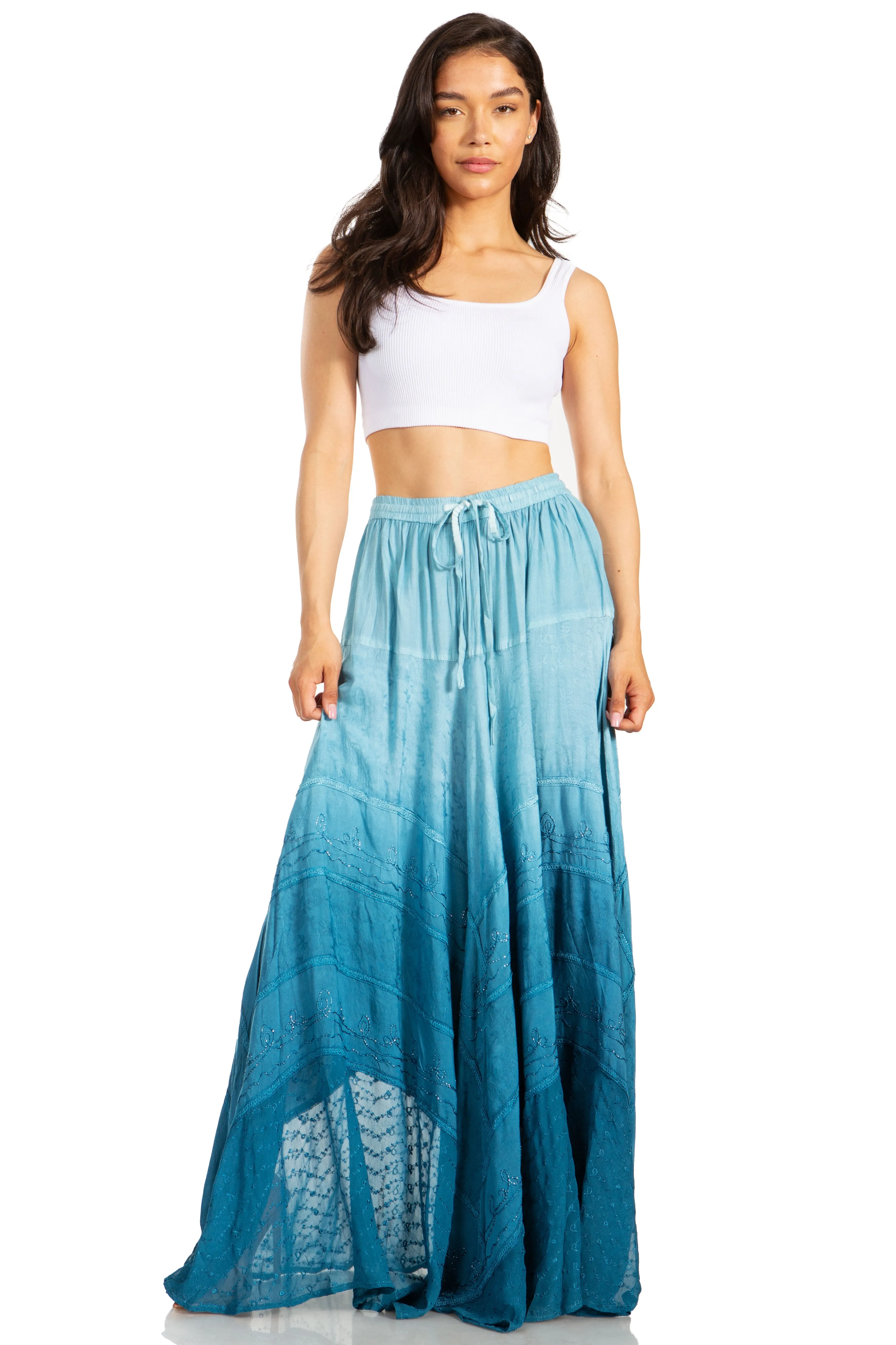 Sakkas Lyra Womens Bohemian Soft Brocade Rayon Tiered Embroidered Flowy Long Skirt