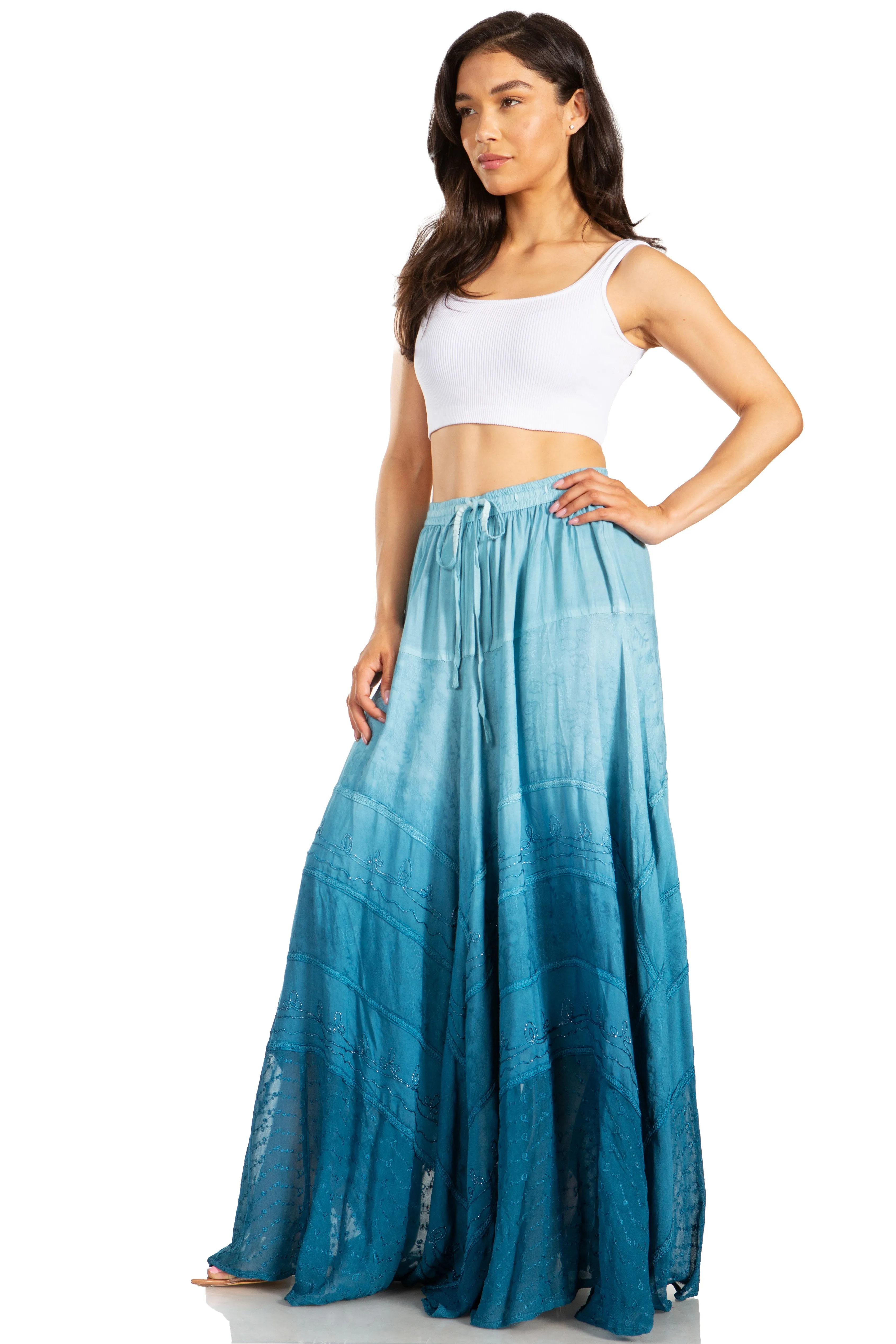 Sakkas Lyra Womens Bohemian Soft Brocade Rayon Tiered Embroidered Flowy Long Skirt