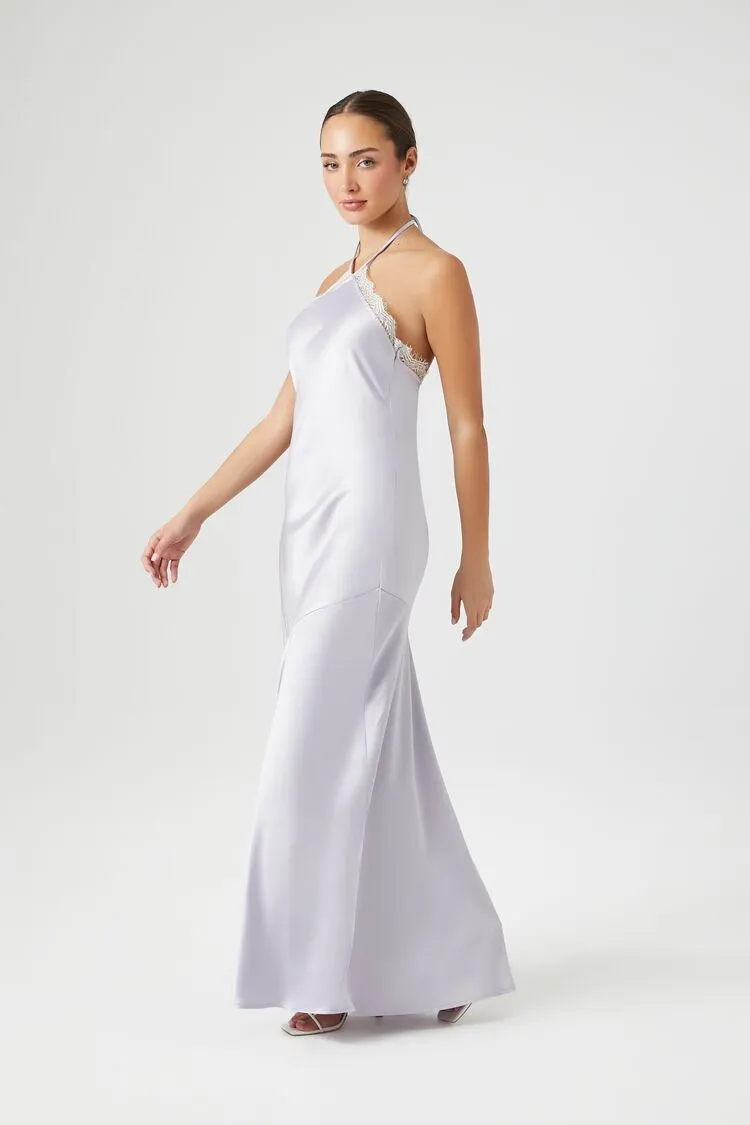 Satin Lace-Trim Halter Maxi Dress