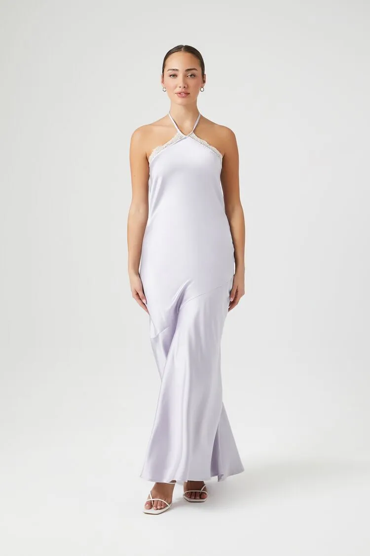 Satin Lace-Trim Halter Maxi Dress