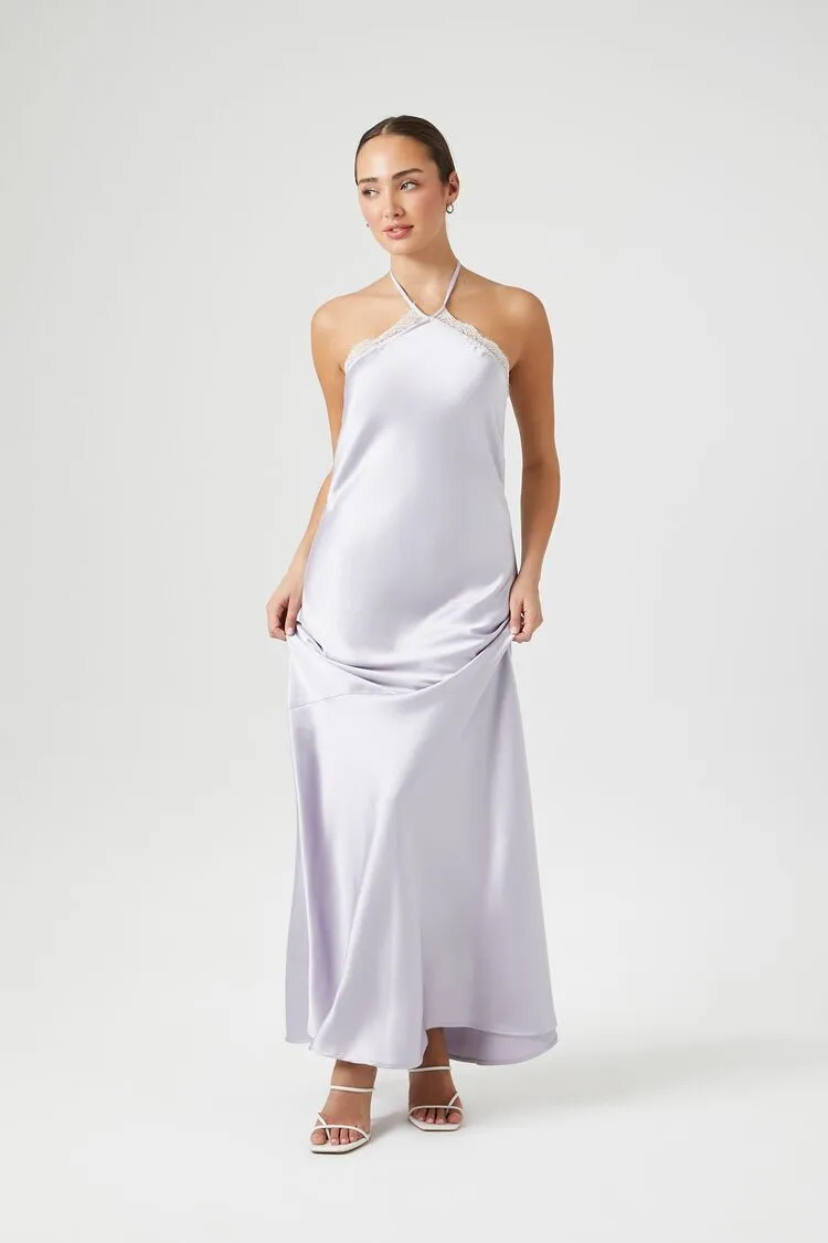 Satin Lace-Trim Halter Maxi Dress