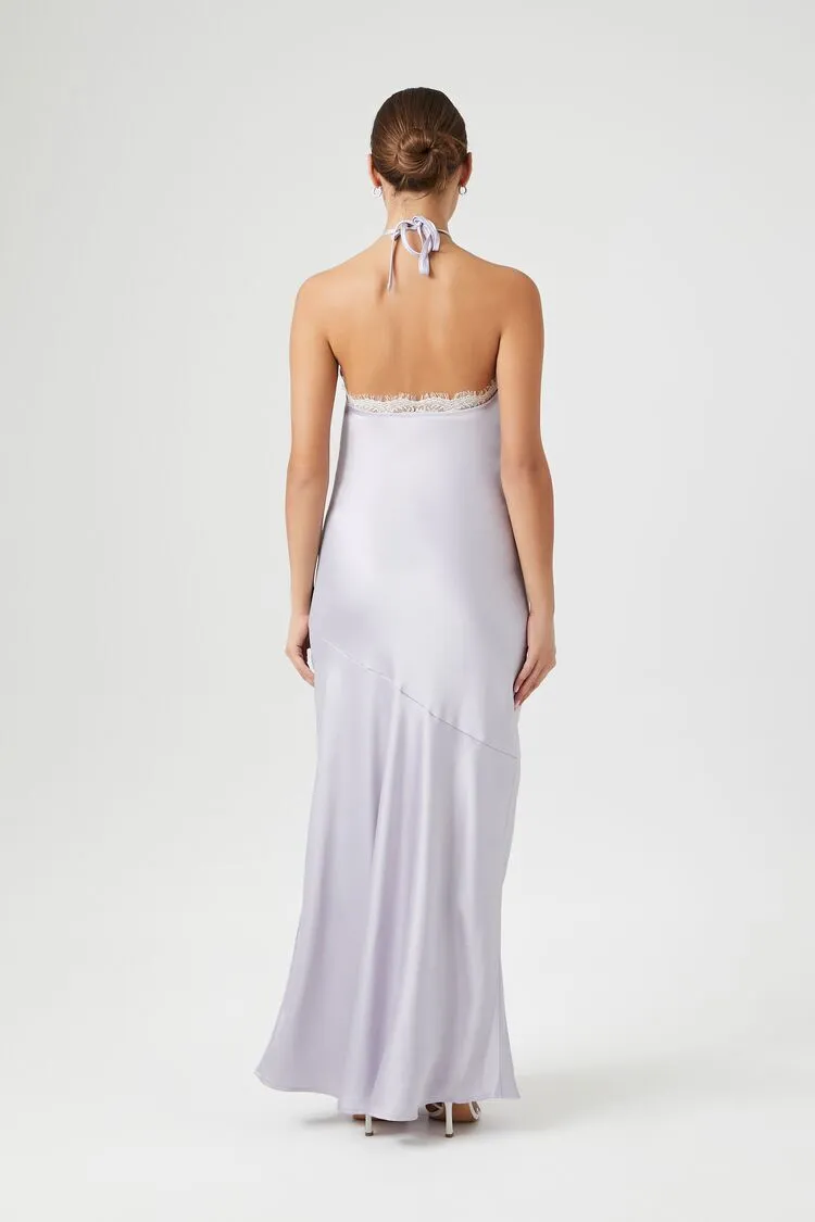 Satin Lace-Trim Halter Maxi Dress