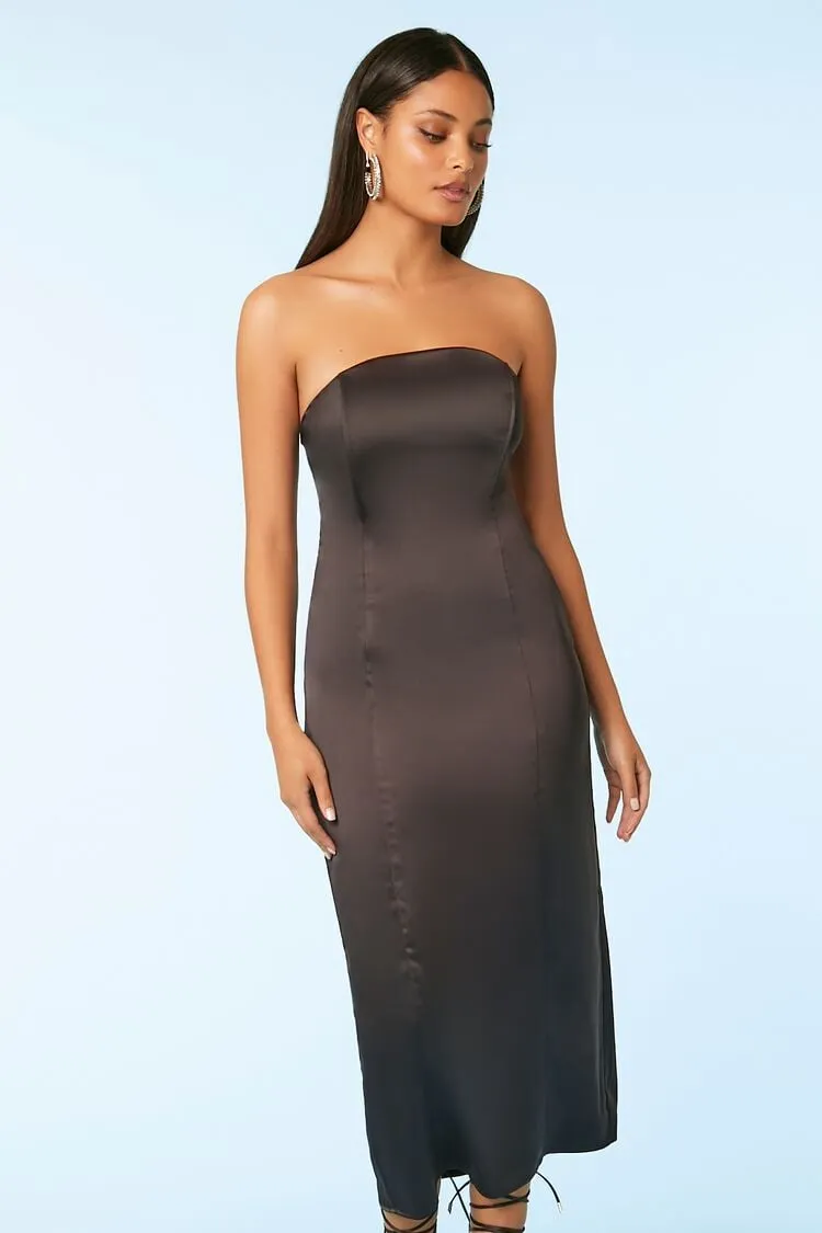 Satin Strapless Crisscross Midi Dress