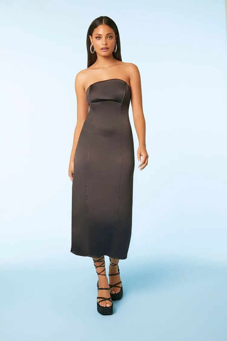 Satin Strapless Crisscross Midi Dress