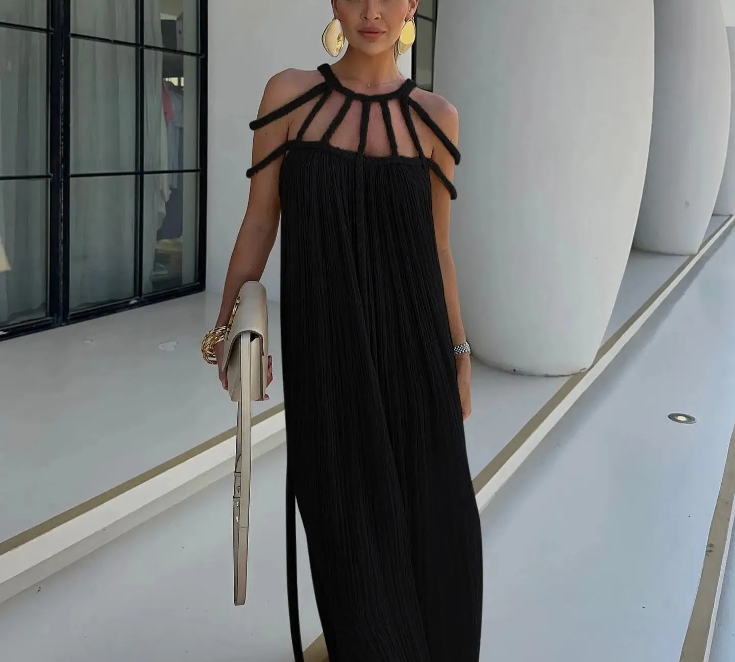 Sexy Black Backless Strappy Maxi Dress