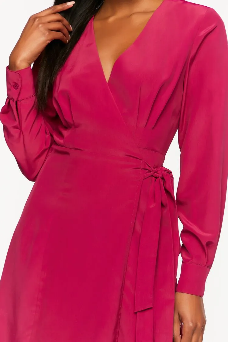 Surplice Long-Sleeve Wrap Midi Dress