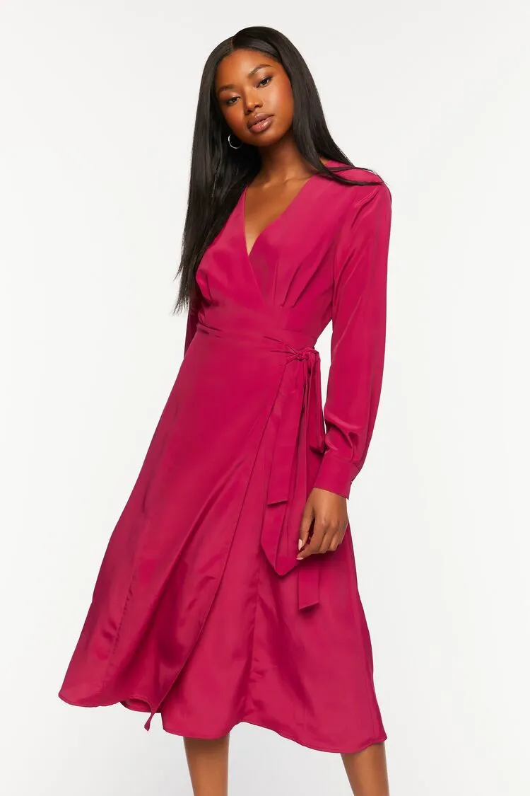 Surplice Long-Sleeve Wrap Midi Dress