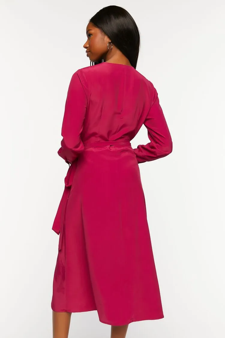 Surplice Long-Sleeve Wrap Midi Dress